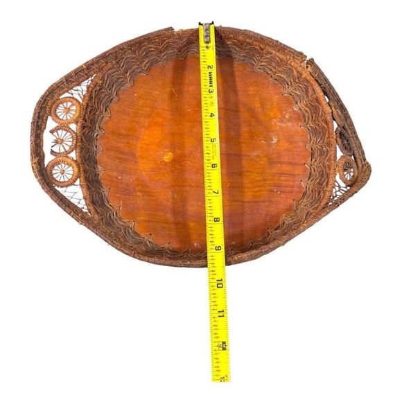 Antique Oval Wicker & Wood Serving Tray  Intricate Weave & Handle Design READ - Picture 7 of 8